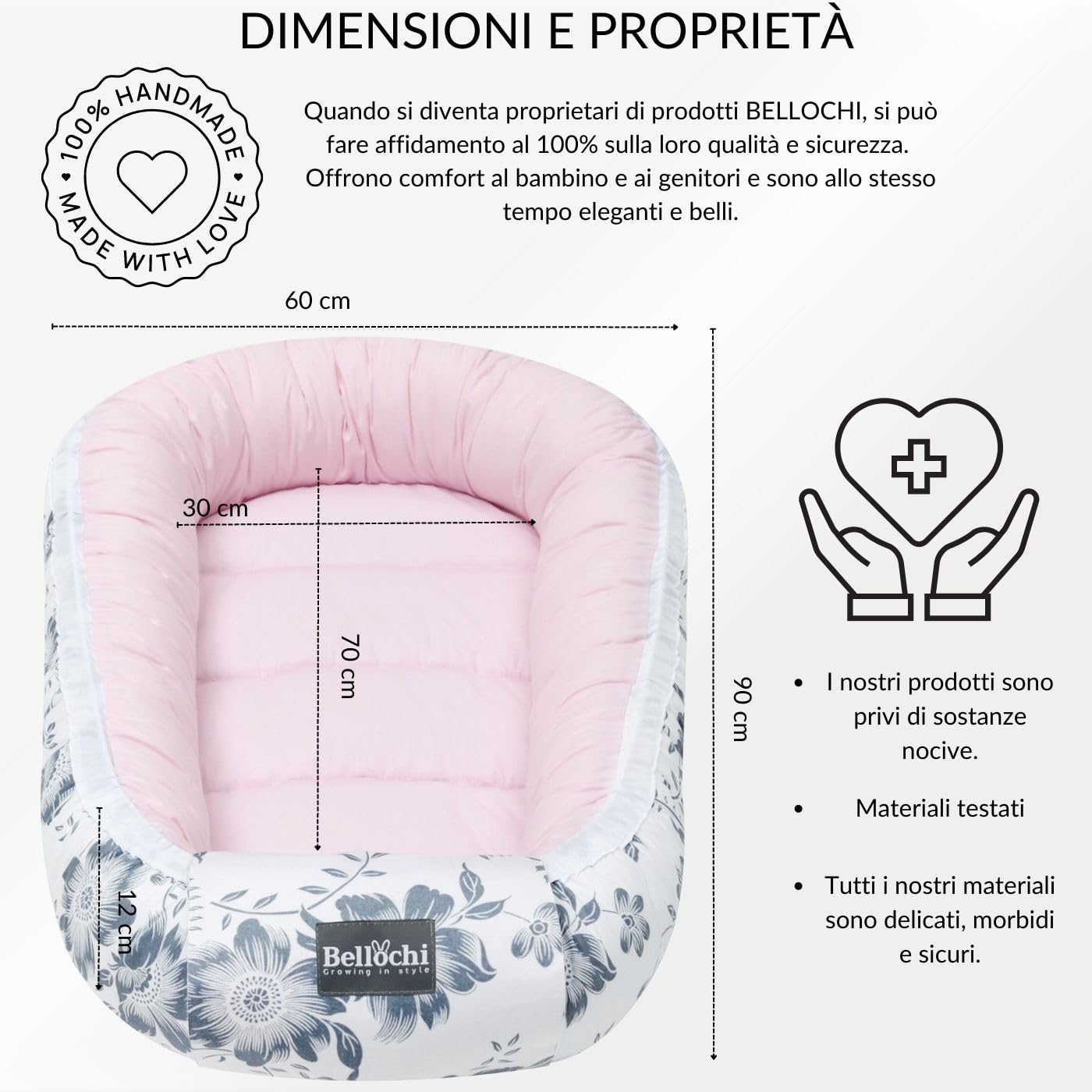 Bellochi Riduttore Lettino per Neonato, Riduttore per Culla - Antisoffoco, 100% Cotone - Cuscino Riduttore, Cocoon a Baby, Baby Nest - 90 x 60 cm - Pink Berry
