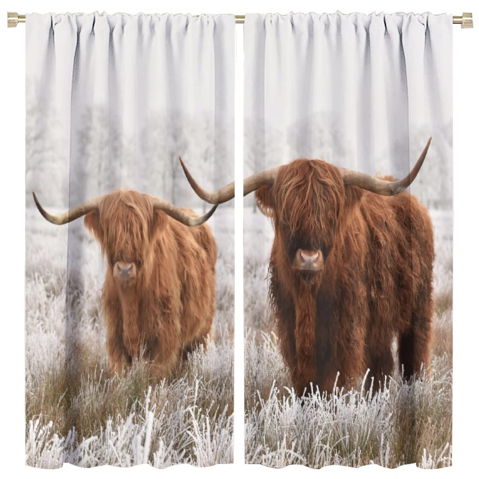 JESTRONRY Funny Highland Cow Window Curtain,Farmhouse Animal Wildlife Bull Cattle Western Style Blackout Window Door Curtains for Bedroom Living Room Kitchen Decor W63xL63in