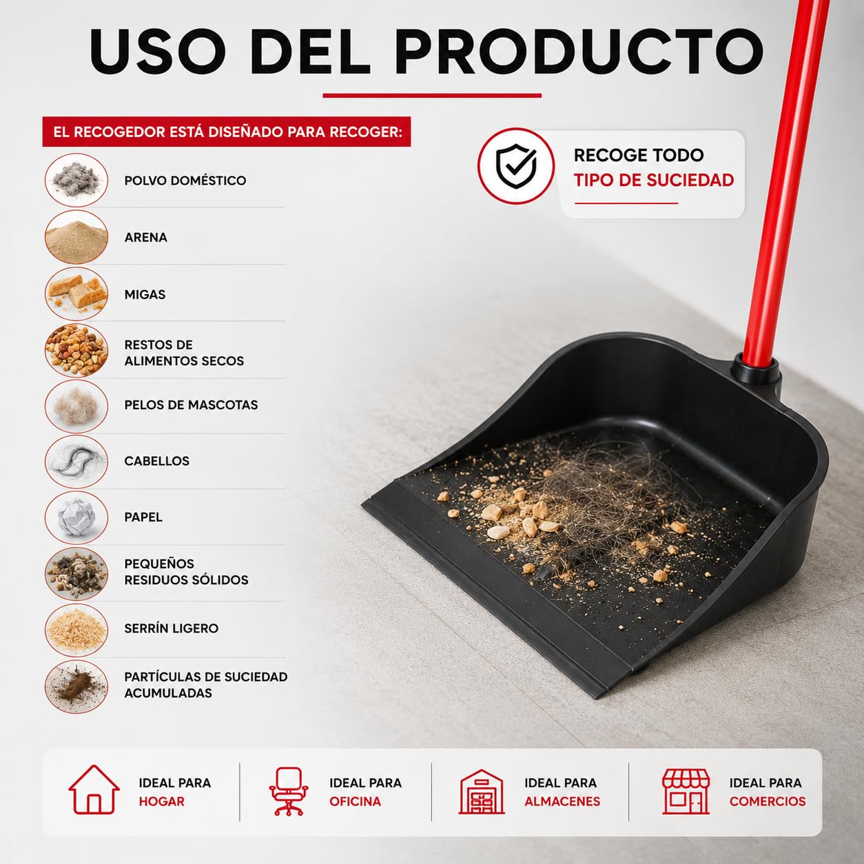 CABLEPELADO Recogedor de Goma | Resistente y Duradero | Limpieza hogar | Herramienta de Limpieza | Apto para Limpieza de Polvo, Basura, Ceniza u Hojas | 93 cm Altura x 25 cm Ancho | Negro