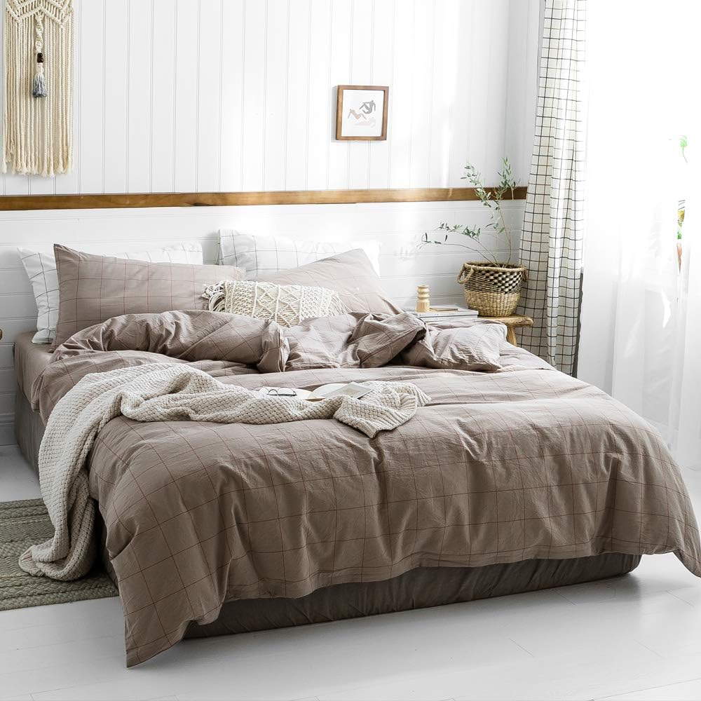 🔥 Flаѕh Sаlе ROOMLIFE Lightweight Duvet Cover Queen Casual Style Light Brown Simple Stripes Comforter Cover Reversible Comforter Duvet Cover with Zipper Closure Great for Adults Men and Women 100% Washed Cotton