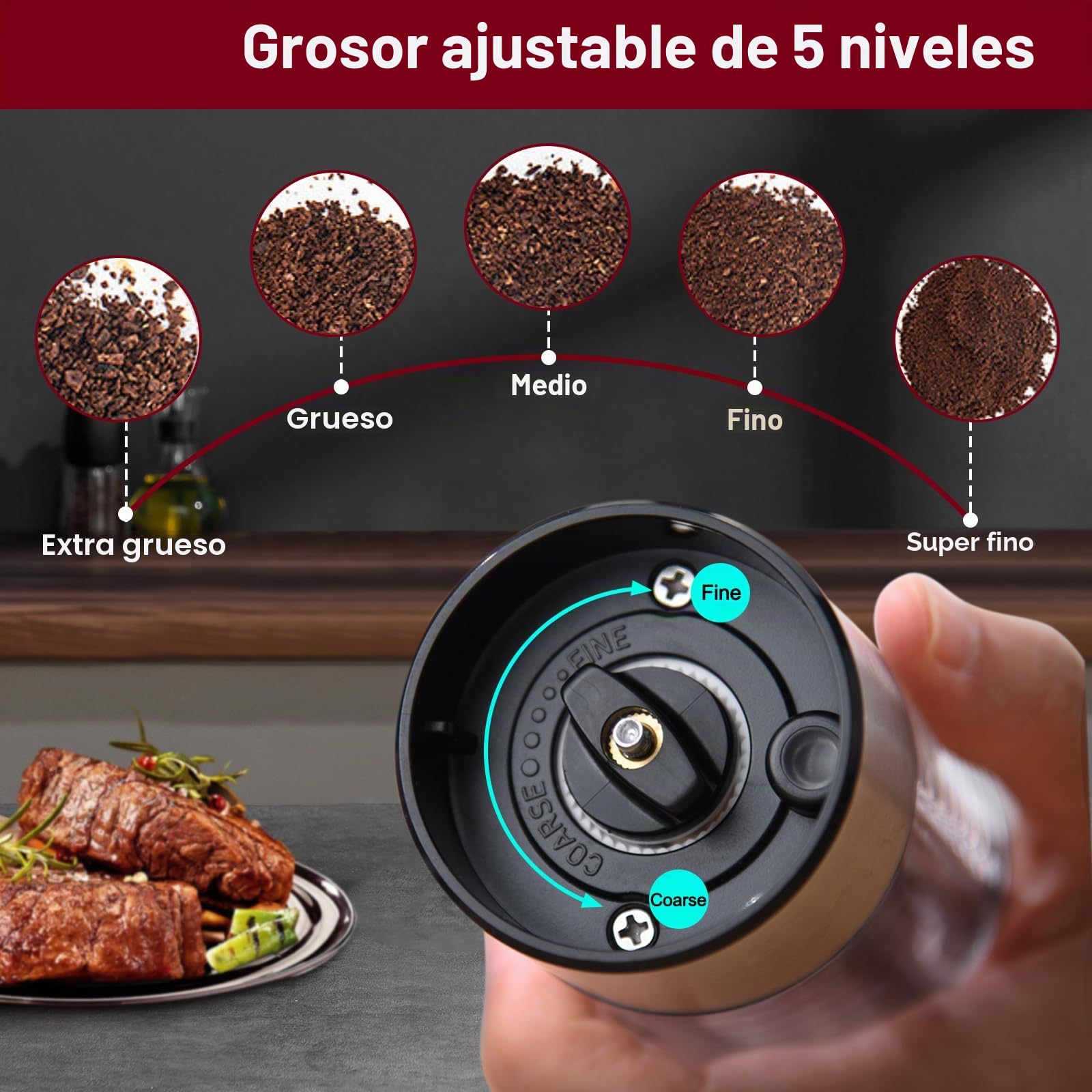 Molinillo Pimienta Electrico, [Juego de 2] Molinillo Sal y Pimienta de Acero Inoxidable, Salero Electrico Recargable, Funcionamiento con una Sola Mano, Luz LED, Grosor Ajustable