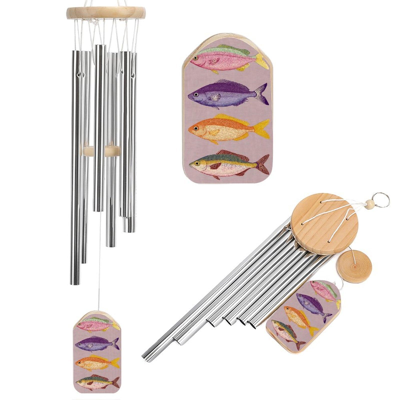 Four Stylized Fish Wind Chimes Memorial Deep Tone Windchime with 6 Aluminum Tubes Outdoor Backyard Garden Decoration