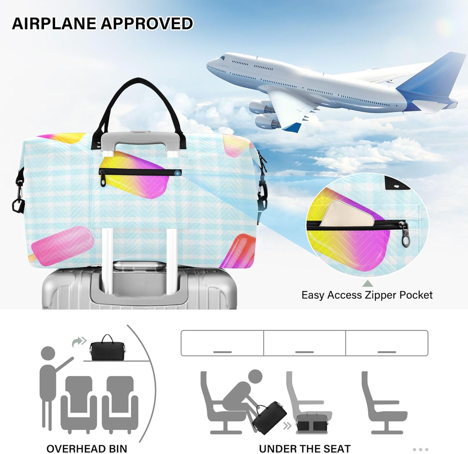 ダッフルバッグ レディース &amp; コスメポーチ 2個セット、プリント レディース ジム ダッフルバッグ 一晩持ち込みバッグ 遊