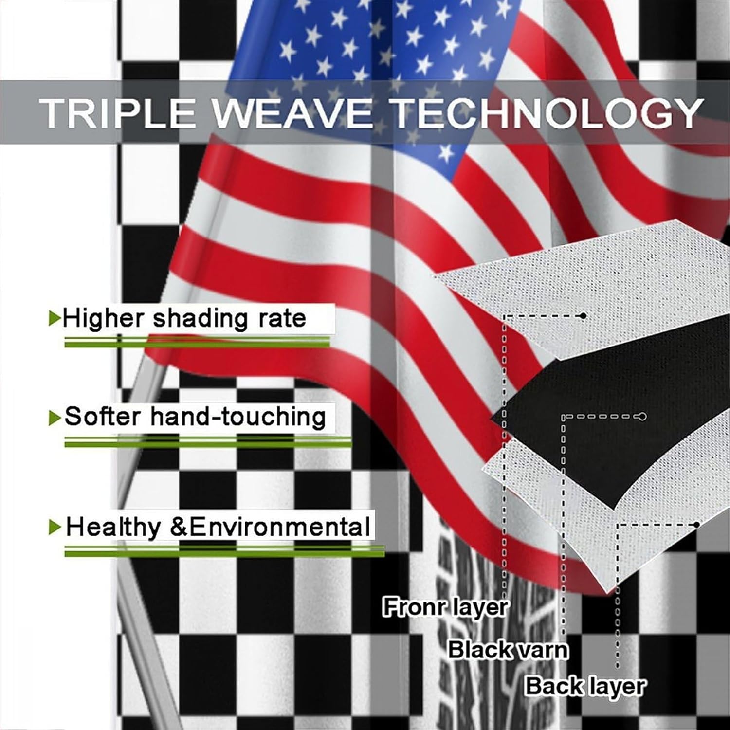 Kids American Flag Curtains,Vintage Classic Black White Checkered Sports Racing Car USA Flag Blackout Window Treatments,for Boys Girls Living Room Bedroom Kitchen Cafe Farmhouse 42" W X 45" L