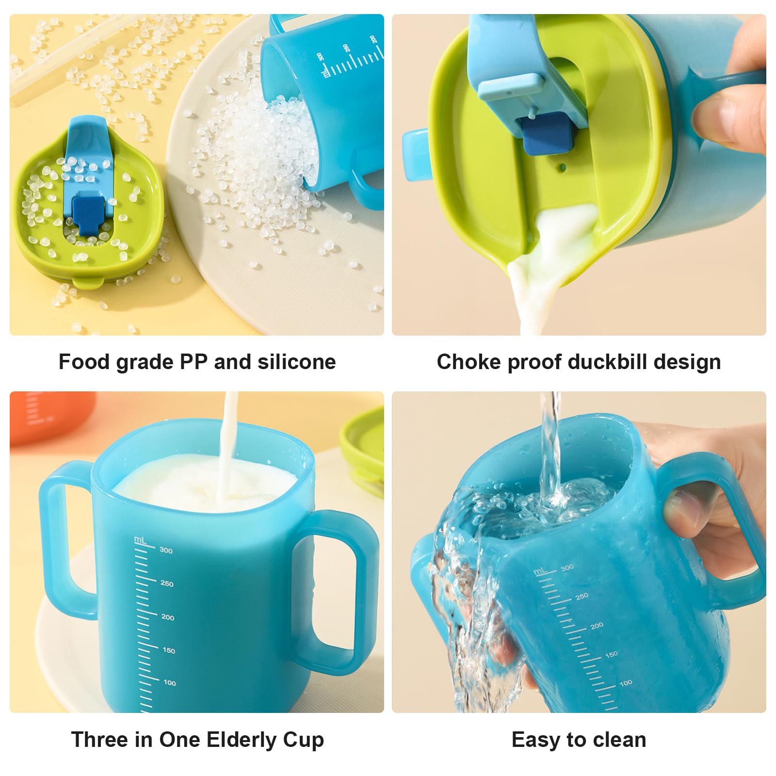 BAIFULAI 3 tazze con becco per anziani, 300 ml + 250 ml, a prova di perdite, con doppio manico e cannuccia, indicatore di capacità, per anziani e donne incinte