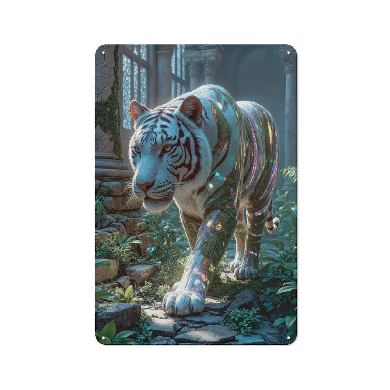 Retro Metal Wall Sign 30x20cm with White Tiger in Ancient Ruins for Pub Or Café, for Vintage Wall Decor Fans, for Cafés, Pubs And Restaurants