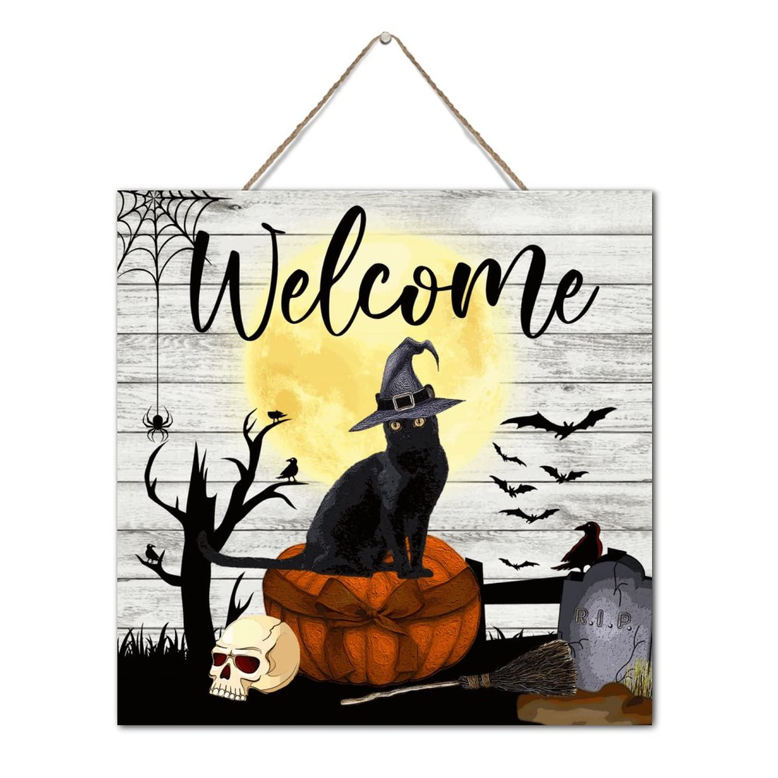 Décoration de table Halloween en bois avec chat noir pour bureau 30cm