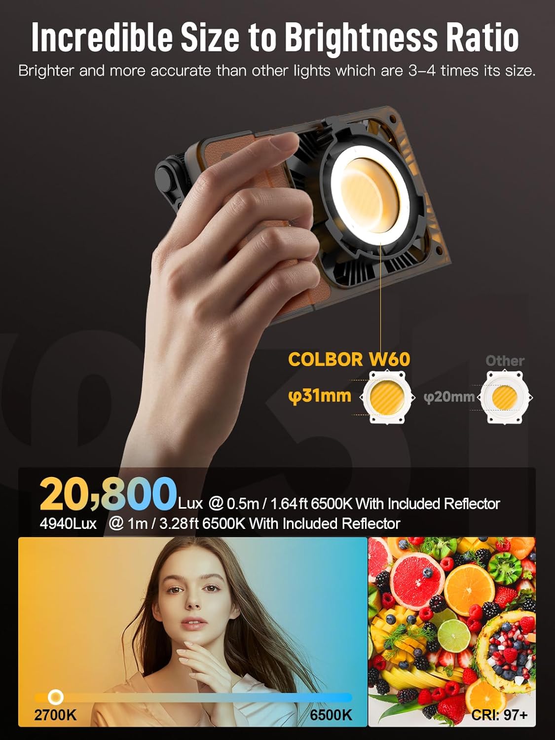 COLBOR W60 Video Light, 60W 2700K-6500K Bi-Color Pocket Continuous Output Lighting with LED Screen 3 Powering Options APP Control for Filmmaking Live Streaming