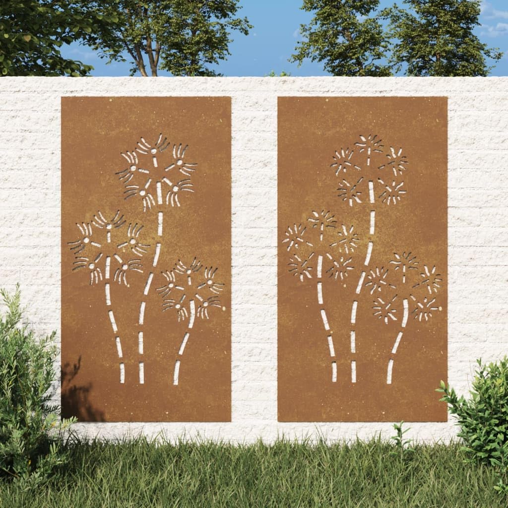 vidaXL Adorno Pared jardín 2 uds Acero corten diseño Flores 105x55 cm, Adorno Pared jardín, Adorno Metal Pared jardín, Adorno de Pared para jardín