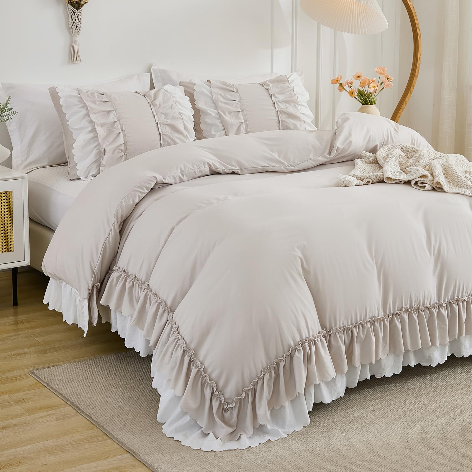 Herside Beige Ruffle Comforter Set King Size,Shabby Chic Boho Bedding Sets, Soft Fluffy Comforters Sets for All Season,Vintage Ruffled 3 Pcs