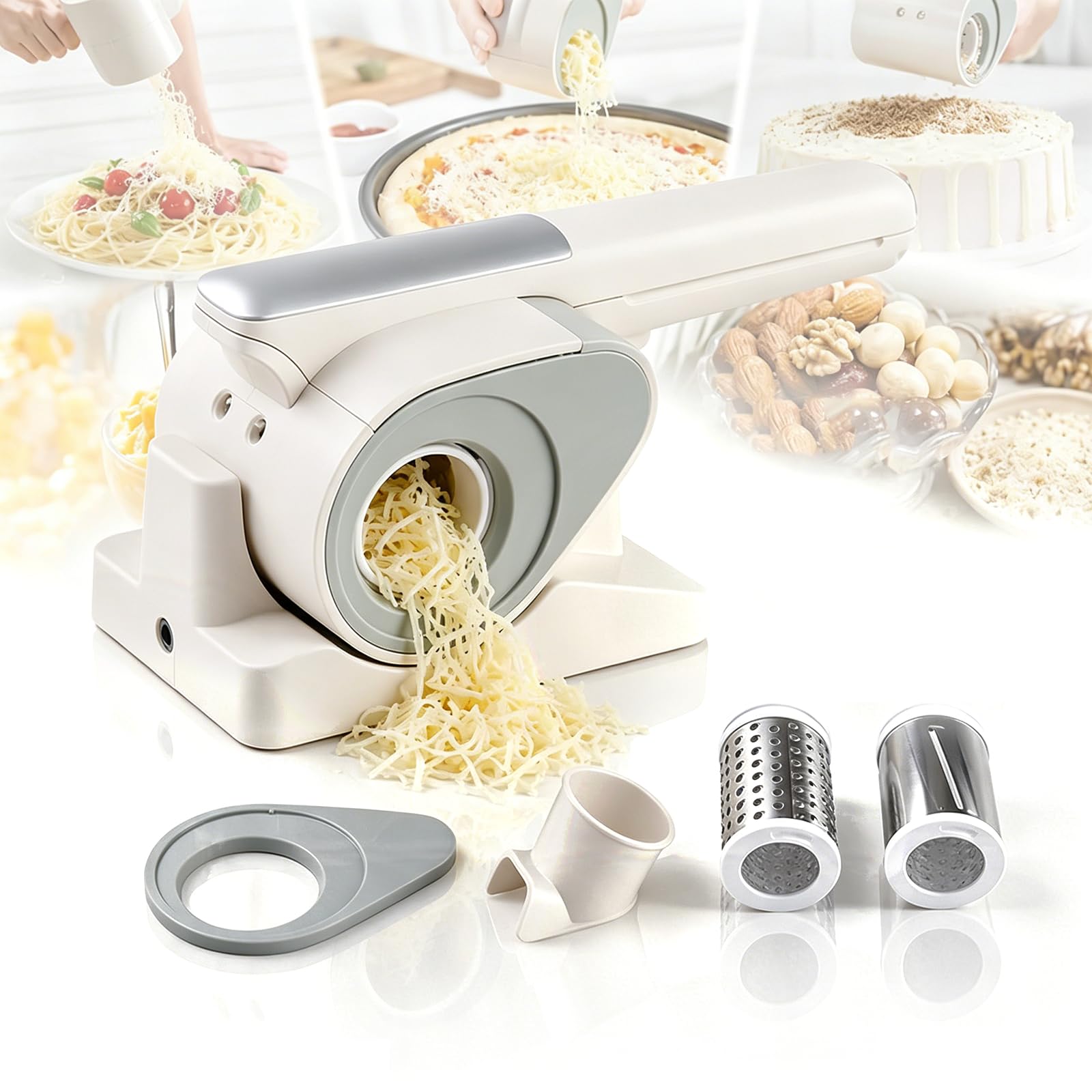 XDTKJDZ Electric Cheese Grater, Automatic Rotary Cheese Grater, W/2 Interchangeable Drums, 2kg Per Charge, Easy Clean, Handheld Electric Cheese Shredder For Cheese,nuts,chocolate & Vegetables
