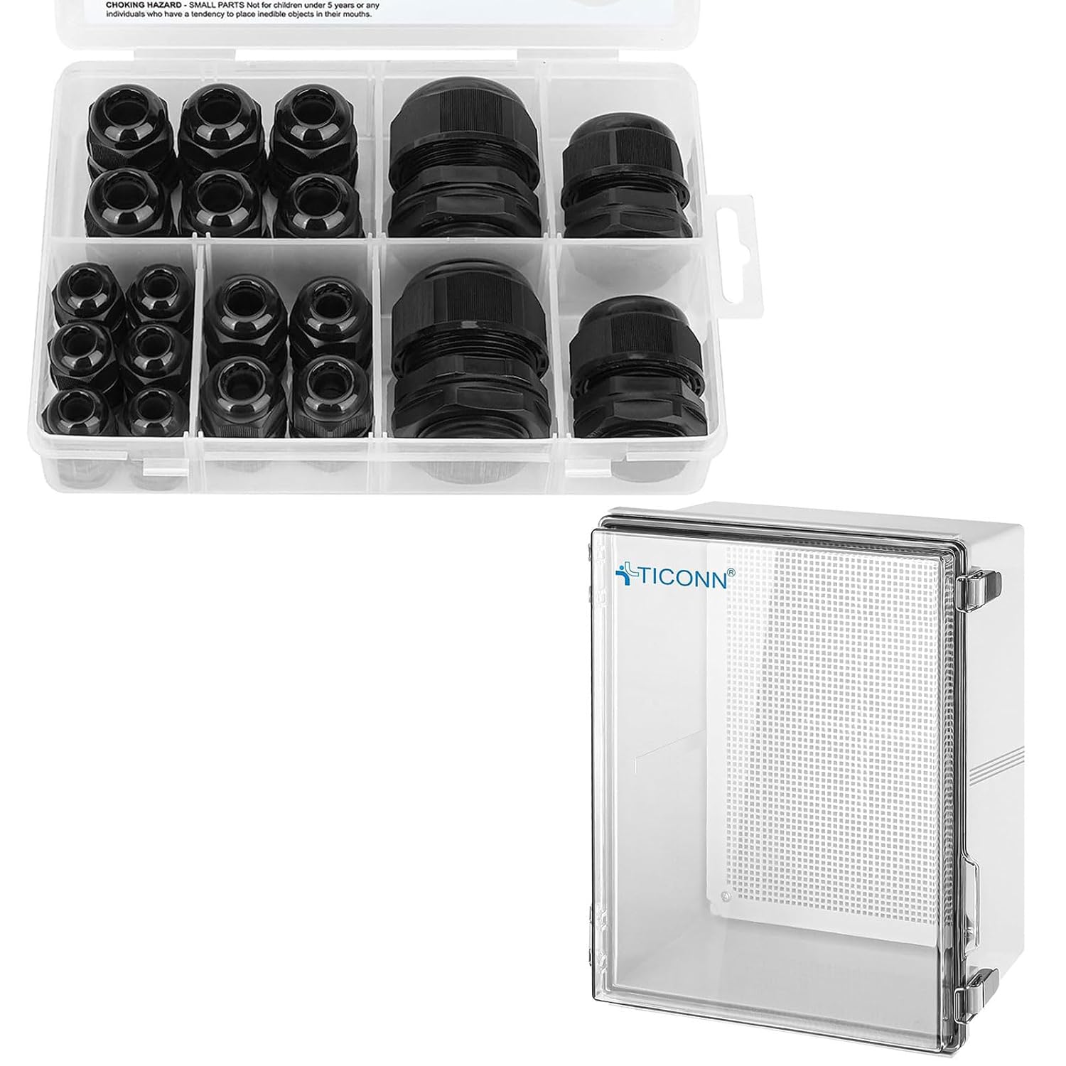 TICONN Waterproof Electrical Junction Box IP67(Clear, 19.7"x15.7"x7.9")+ 20 Pcs IP68 Waterproof Cable Gland Kit (Black)