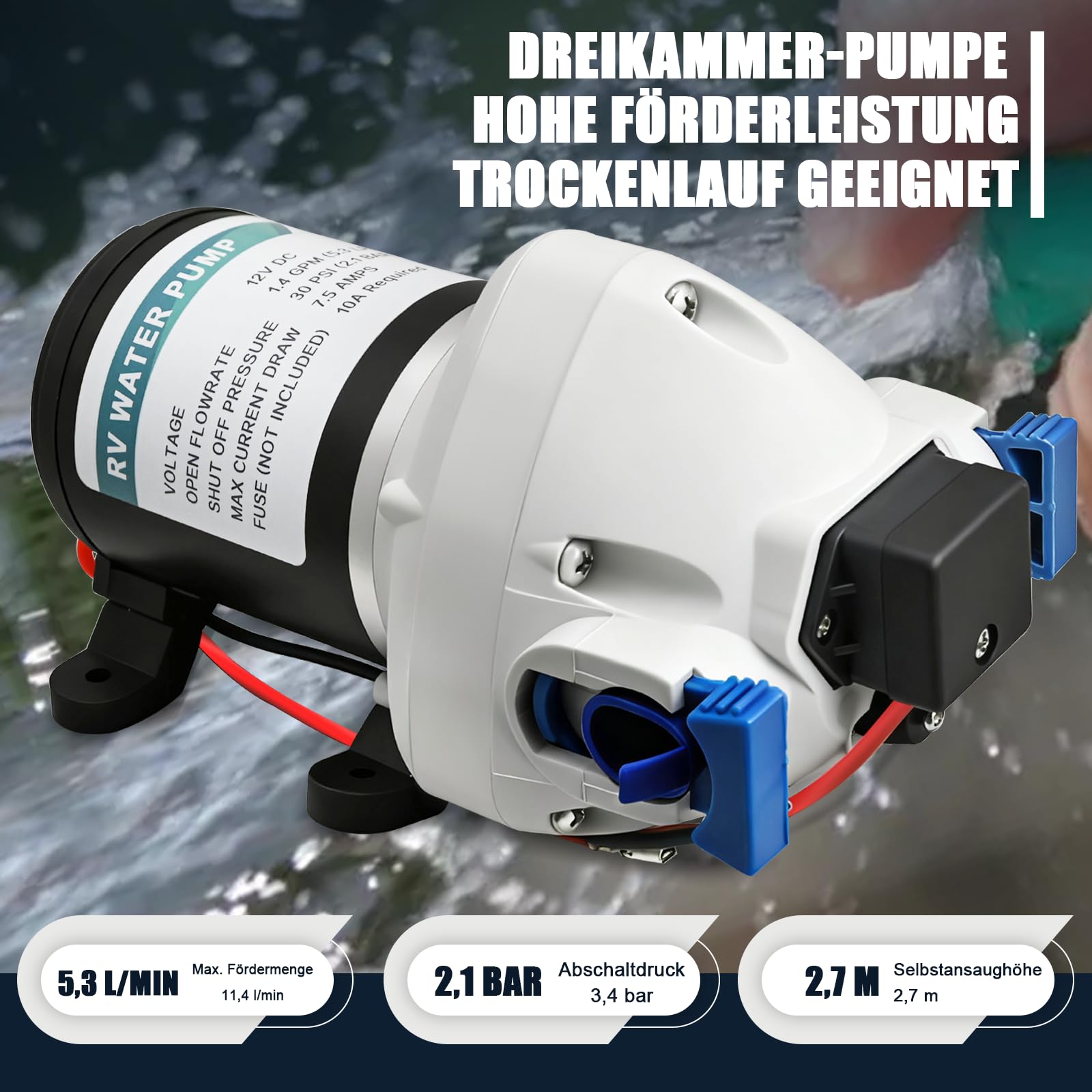 Druckwasserpumpe 12V,5,3 L/min 2.1 Bar,Membranpumpe 12V mit Automatischem Druckschalter,Selbstansaugende Wasserpumpe für Wohnmobil,Caravan,Boot und Camping (Weiß)
