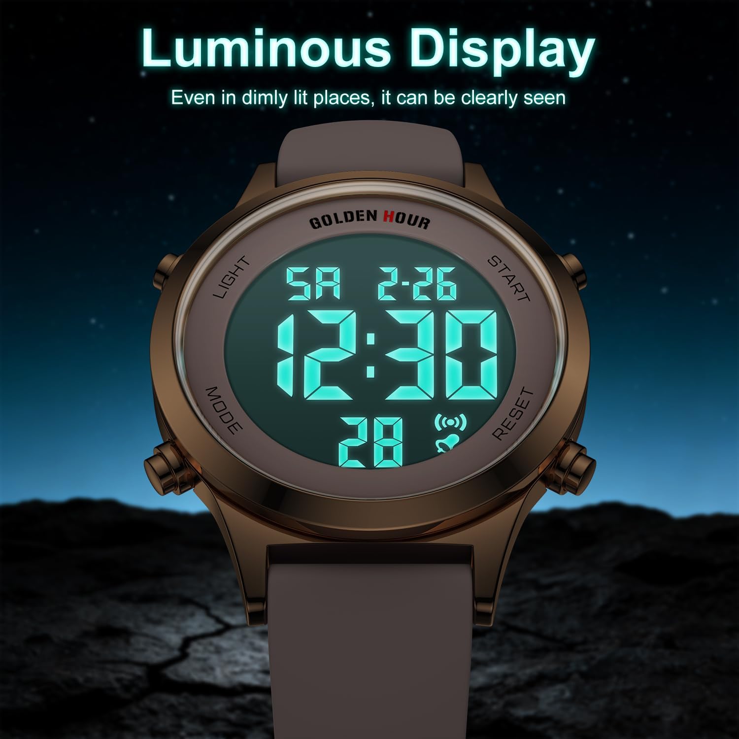 GOLDEN HOUR Waterproof Women's Digital Sports Watches with Silicone Strap, Alarm Calendar Stopwatch Chronograph 32mm Rose Gold Case