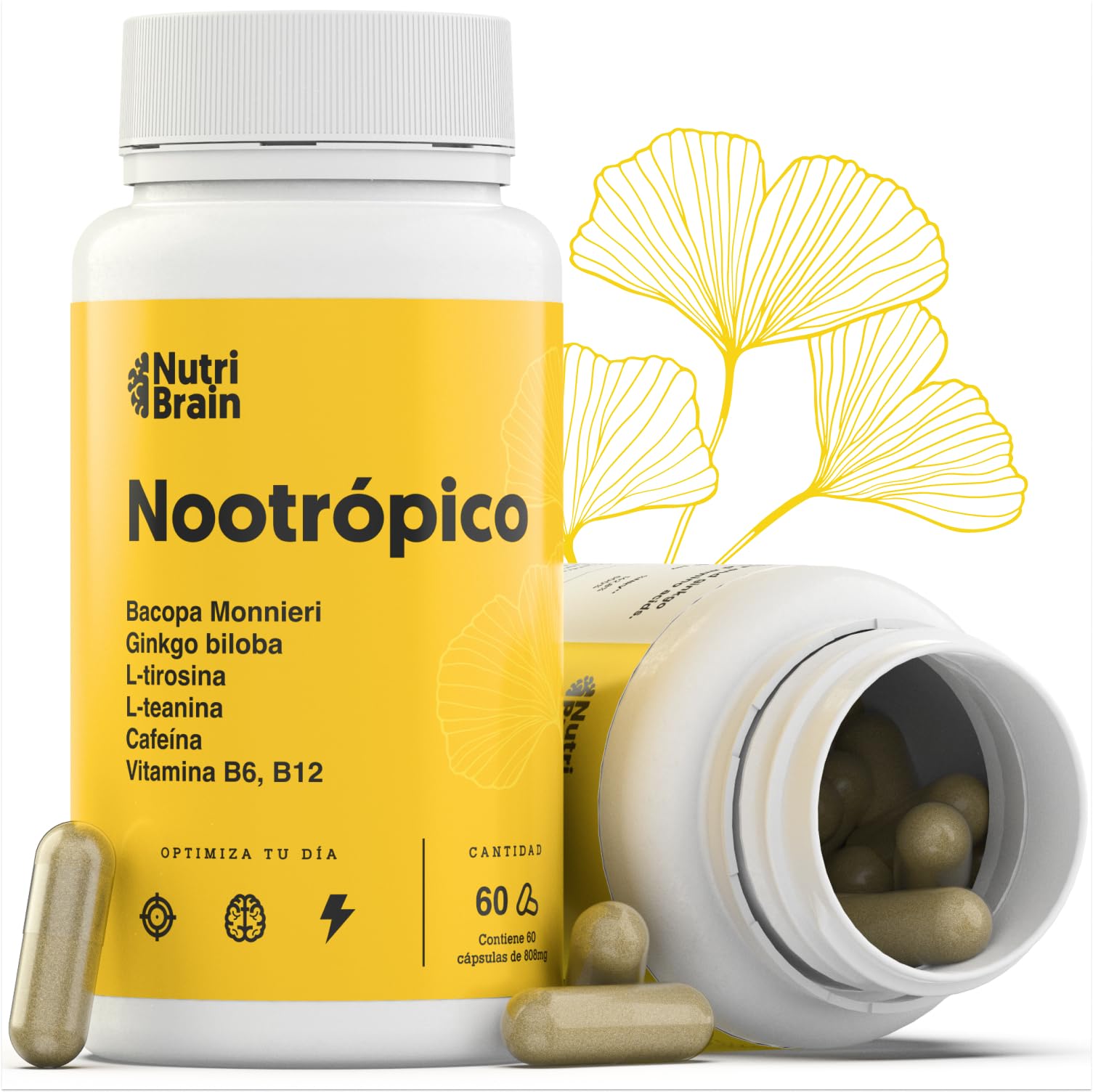 Nootrópico Natural Envase XL 60 Cápsulas | Fórmula para incrementar la energía, concentración y agilidad mental | Cafeína, Ginko Biloba, Tirosina, Teanina, Bacopa Monnieri y Vitaminas