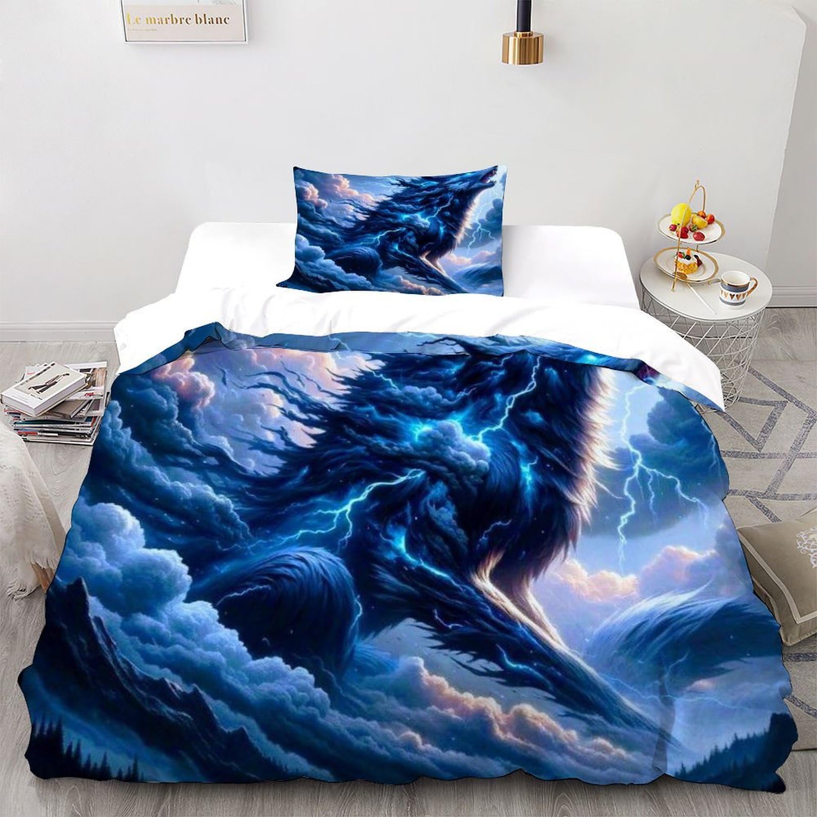 Housse de couette loup 2 pièces parure lit simple 135x200 microfibre