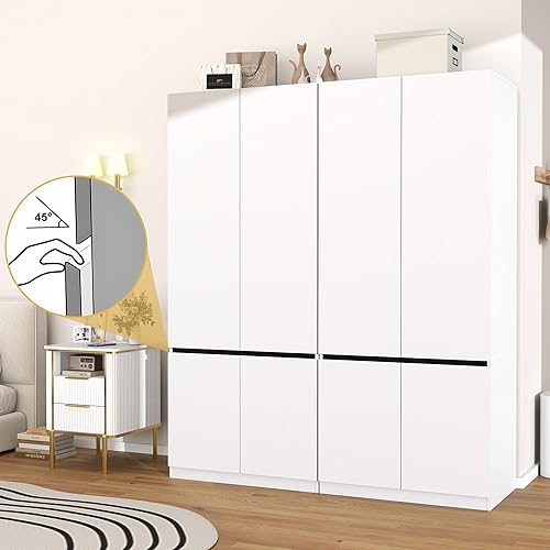 Miniatura 6 de Armario blanco Armario Armario: Armario de madera de 74 pulgadas con 4 puertas, Armarios de dormitorio con barra para colgar, armario alto para