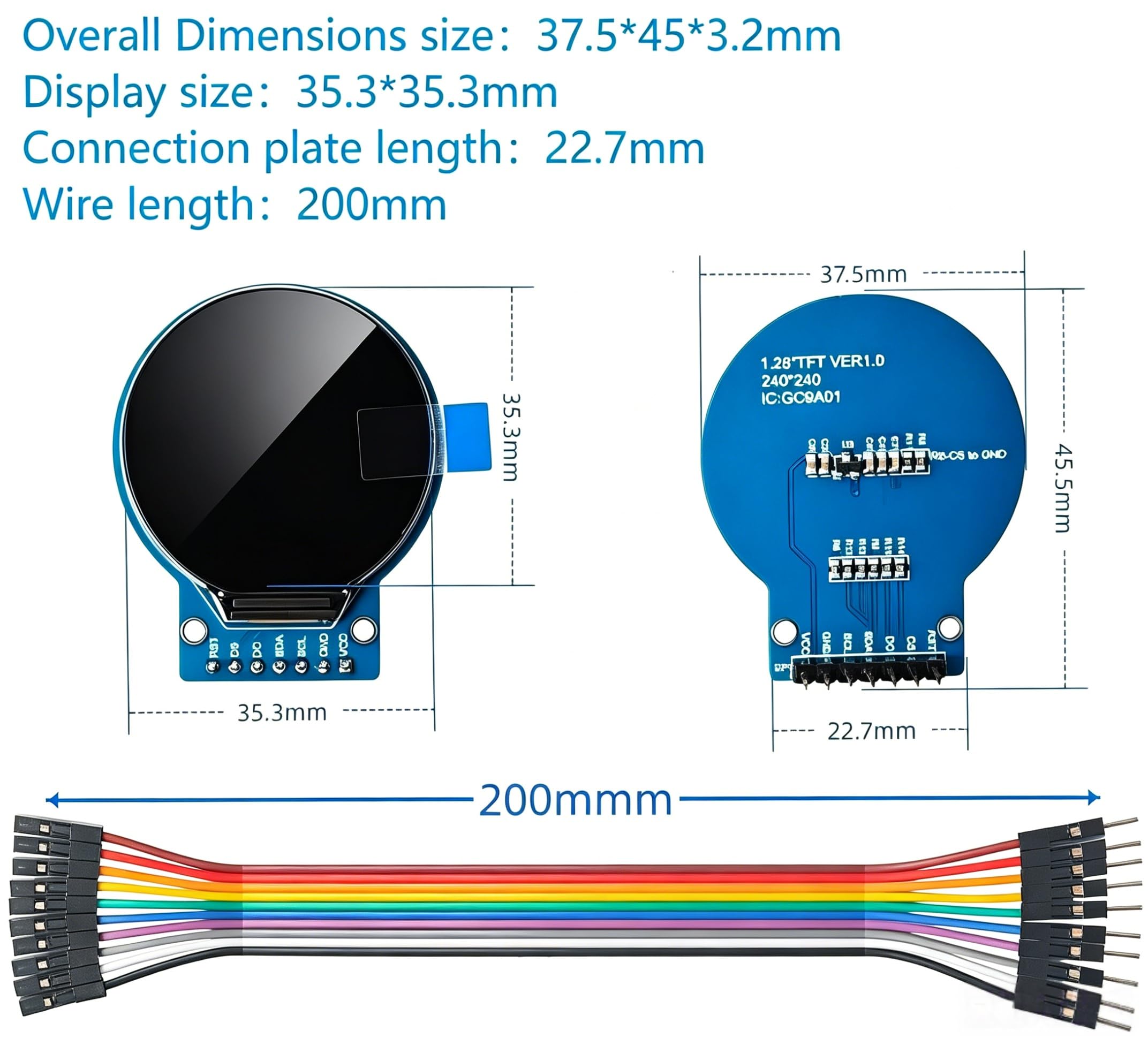 3 pantallas TFT LCD para Arduino (1.28 pulgadas 240 x 240) redonda a todo color HD IPS Full View RGB Display GC9A01 chips de controlador interfaz SPI de 7 pines