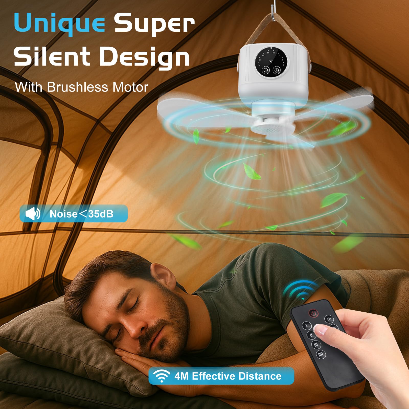 LED Campinglampe mit Ventilator, 7200 mAh Zelt Ventilator mit Licht, Zelt lampe Lanterne Outdoor Camping Zubehör Abnehmbare Ventilatorflügel, Aufhängehaken, Timer und Stativ