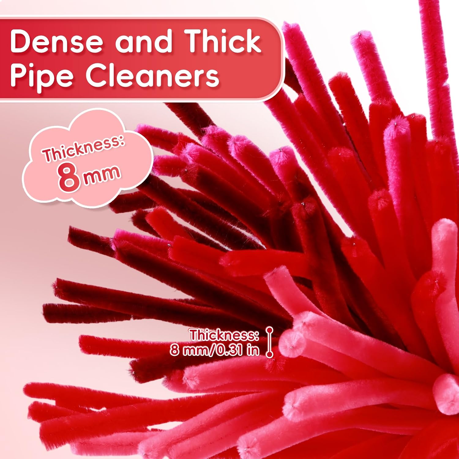YULL 500 Pcs Red Pipe Cleaners for Flowers, 12'' x 8 mm Long Thick Bulk Pipe Cleaners for Craft, Red Chenille Stems Fuzzy Wire for Craft