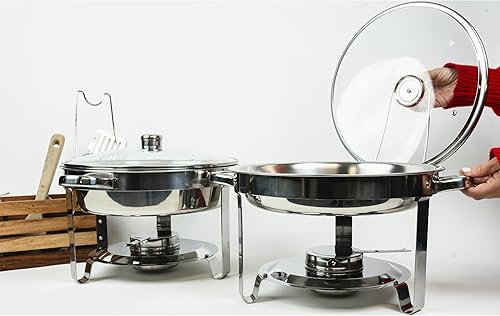 Miniatura 7 de Alpha Living Juego de 4 platos de bufé de roce  Juego completo de bufé de acero inoxidable con tapas de vidrio, soporte de combustible para