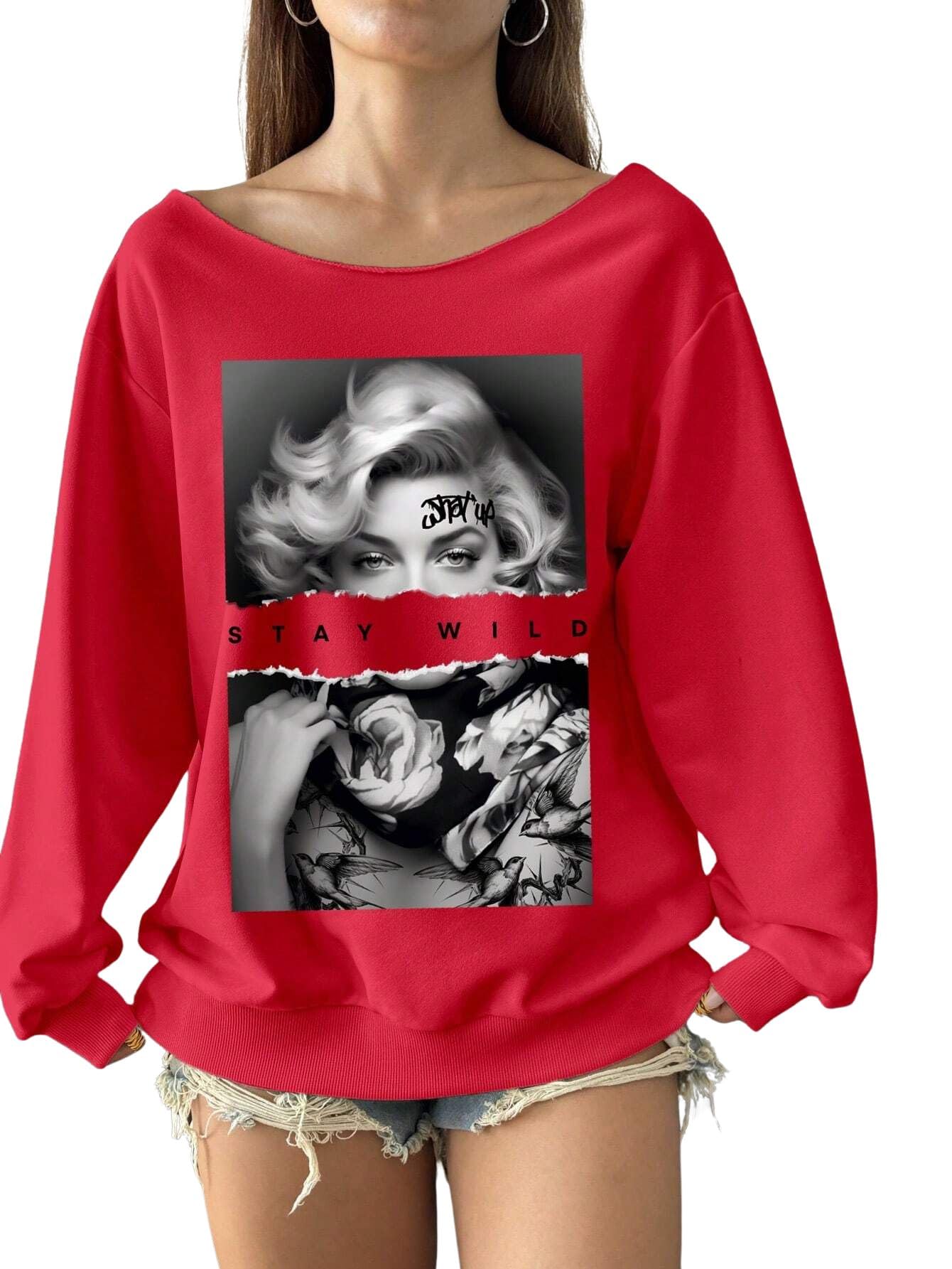 sxv style Staywild Women Casual Loose Portrait Print Off-Shoulder Long Sleeve Sweatshirt-picture-35
