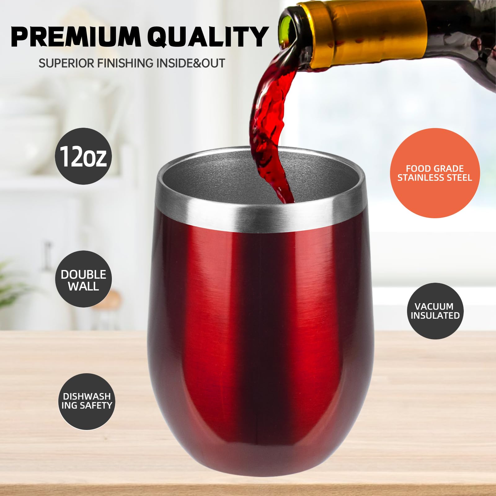 StarSpeed Isolierter Weinbecher mit Deckel, 340 ml, Hochzeitsrot, 8 Stück | Reisebecher aus 18/8 Edelstahl, doppelwandig, BPA-frei, Weinglas, Kaffeetasse für kalte und heiße Getränke