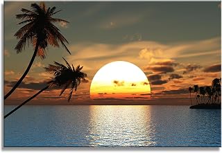 DZL Art S75669 Sunset Coconut Palm Trees Canvas Wall Art Palm Trees on the small island Tropical Scenery Nature Canvas prints Pictures for Living Room Home Office Wall Decor Artwork