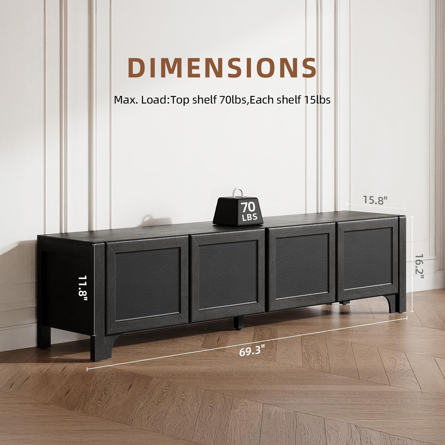 70" Modern TV Stands for 65 70 Inches TV, Black Media Console for Living Room, Leather-Wrapped Door Panels TV Entertainment Center with Cabinet Storage, Wood Television Cabinet for Bedroom - Image 2