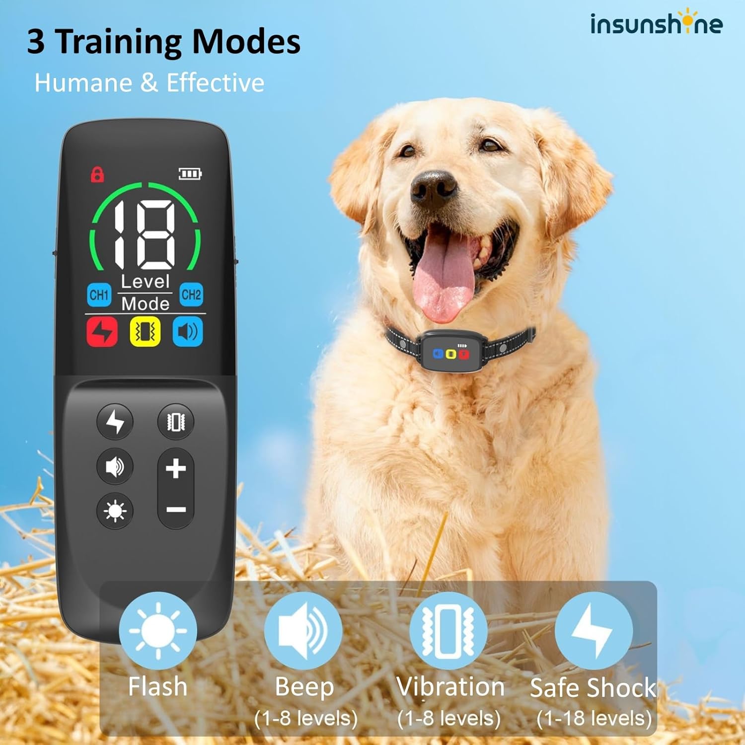 Dog Shock Collar - 3300Ft Dog Training Collar with Remote by IP67 Waterproof for 8-120LBS Small Medium Large Dogs, Rechargeable E-Collar with 3 Modes