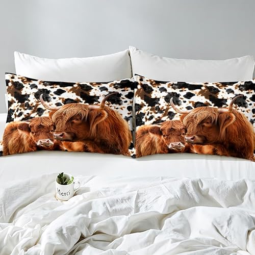Miniatura 4 de Highland Cattle - Juego de ropa de cama tamaño Queen, funda de edredón de poliéster suave con estampado de animales salvajes y vaca lechera con 2