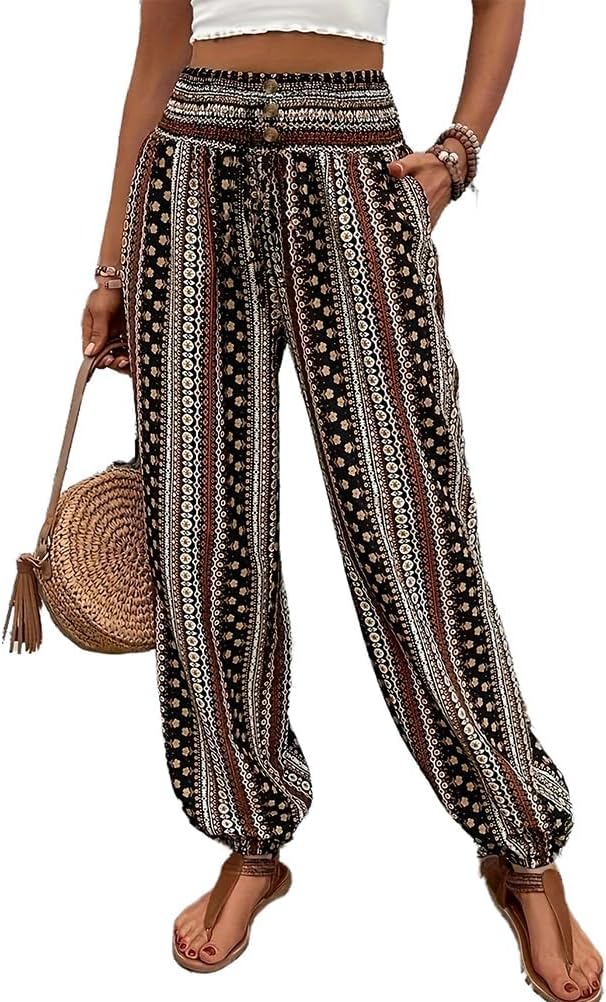 Boho Pants for Women Summer Casual High Waisted Lightweight Comfy Baggy Lounge Pants