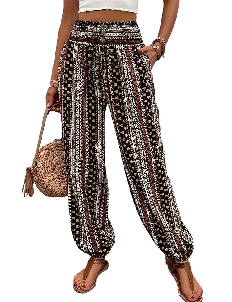 Boho Pants for Women Summer Casual High Waisted Lightweight Comfy Floral Baggy Lounge Pants