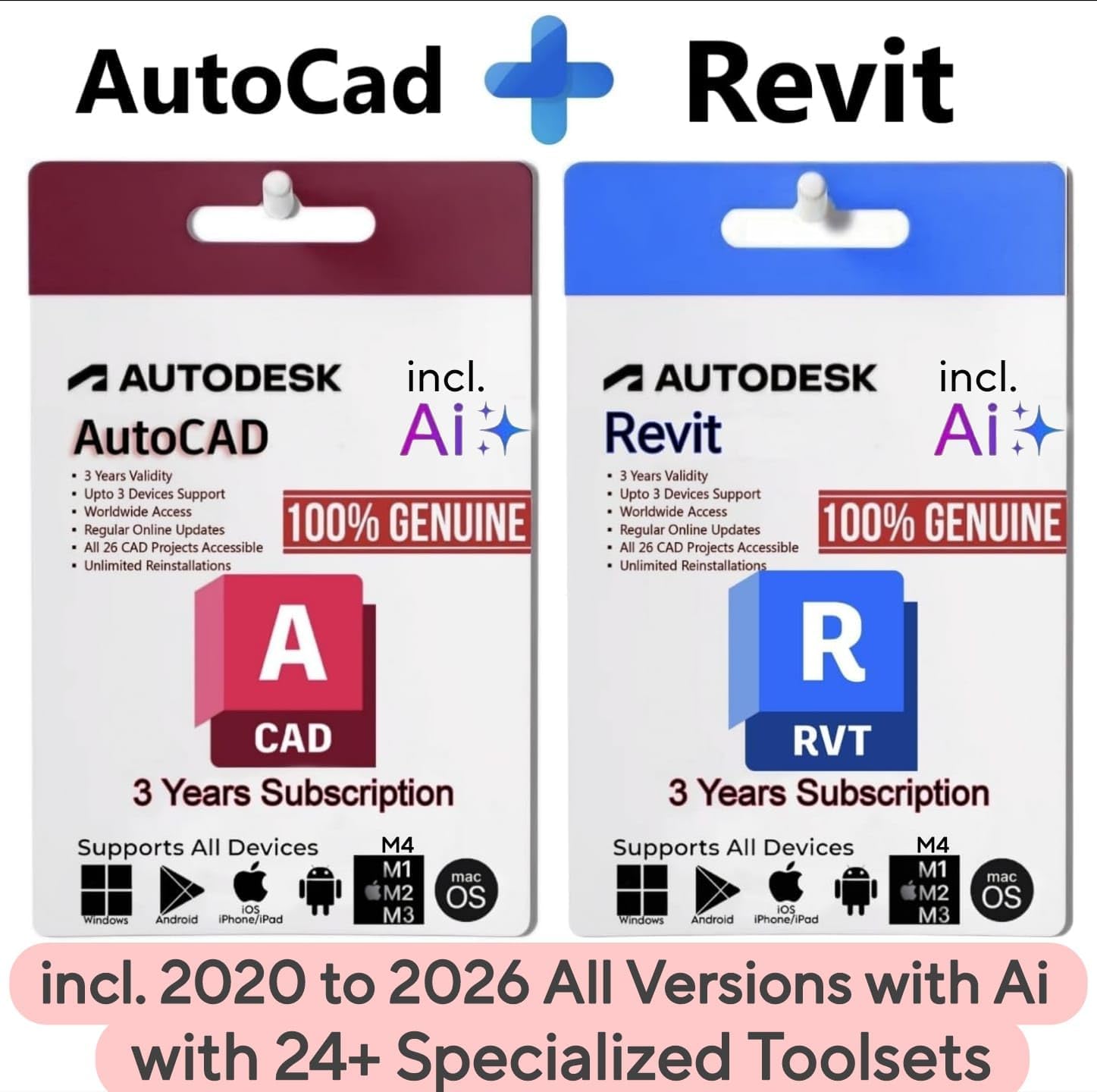AutoCAD + Revit Software (3 Years License) Latest 2026 Version With Ai, 3-Years Subscription (Quick Delivery) 100% Genuine (3 Users/ 3 Devices) (For Windows, MacOS, Android, iOS, M1, M2, M3, M4) License Activates On your own Account (From Official Website)