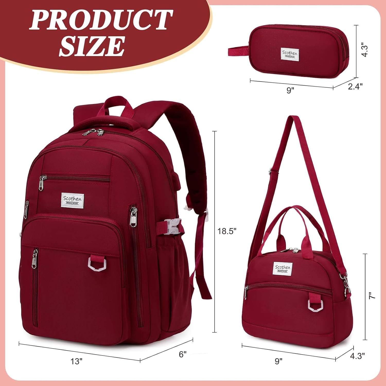 3pcs Multi Pocket Backpacks Girls Lunch