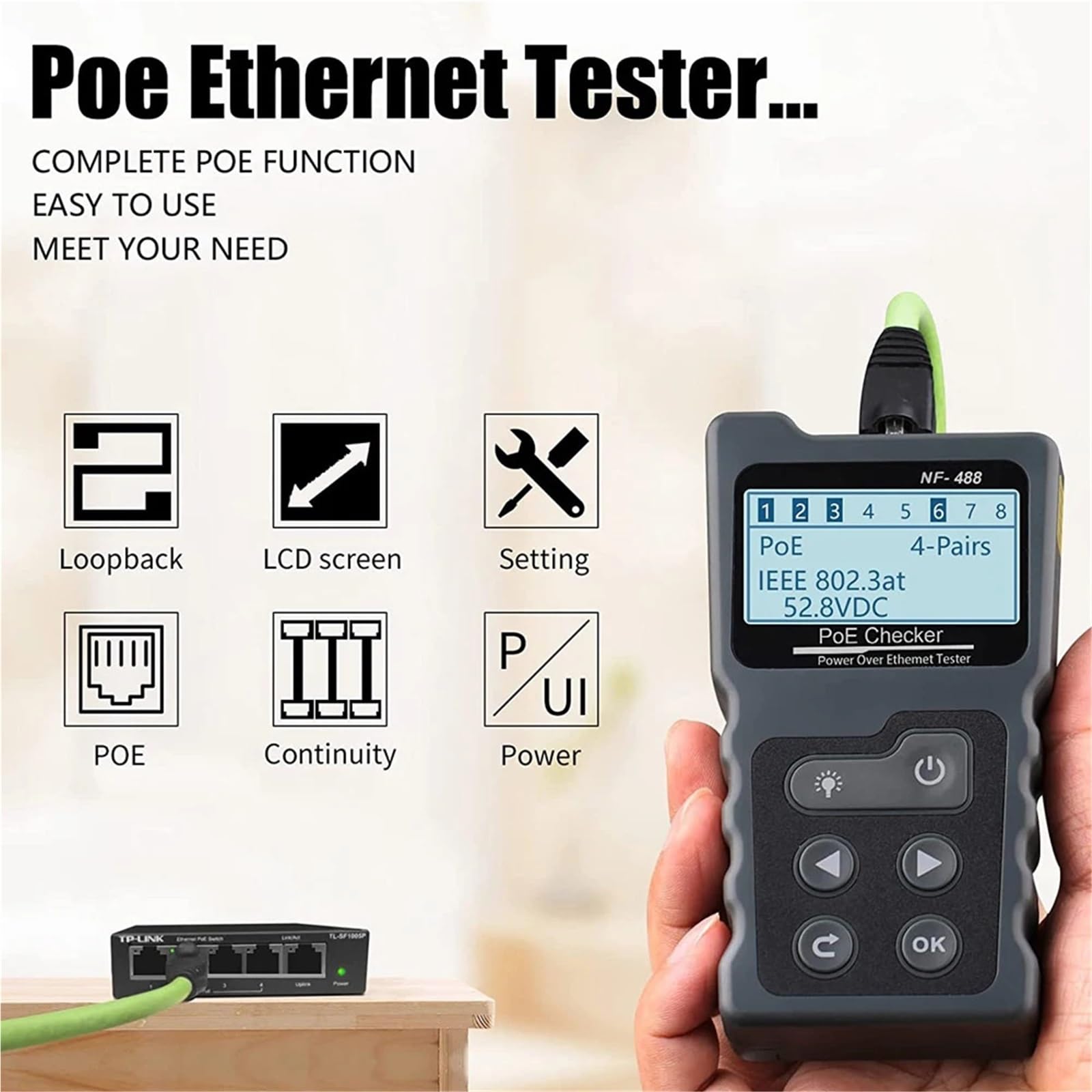 Comprobador de cables red, prueba conmutador PoE en línea, voltaje, polaridad, rastreador, herramienta bucle con pantalla LCD Pruebas de transmisión