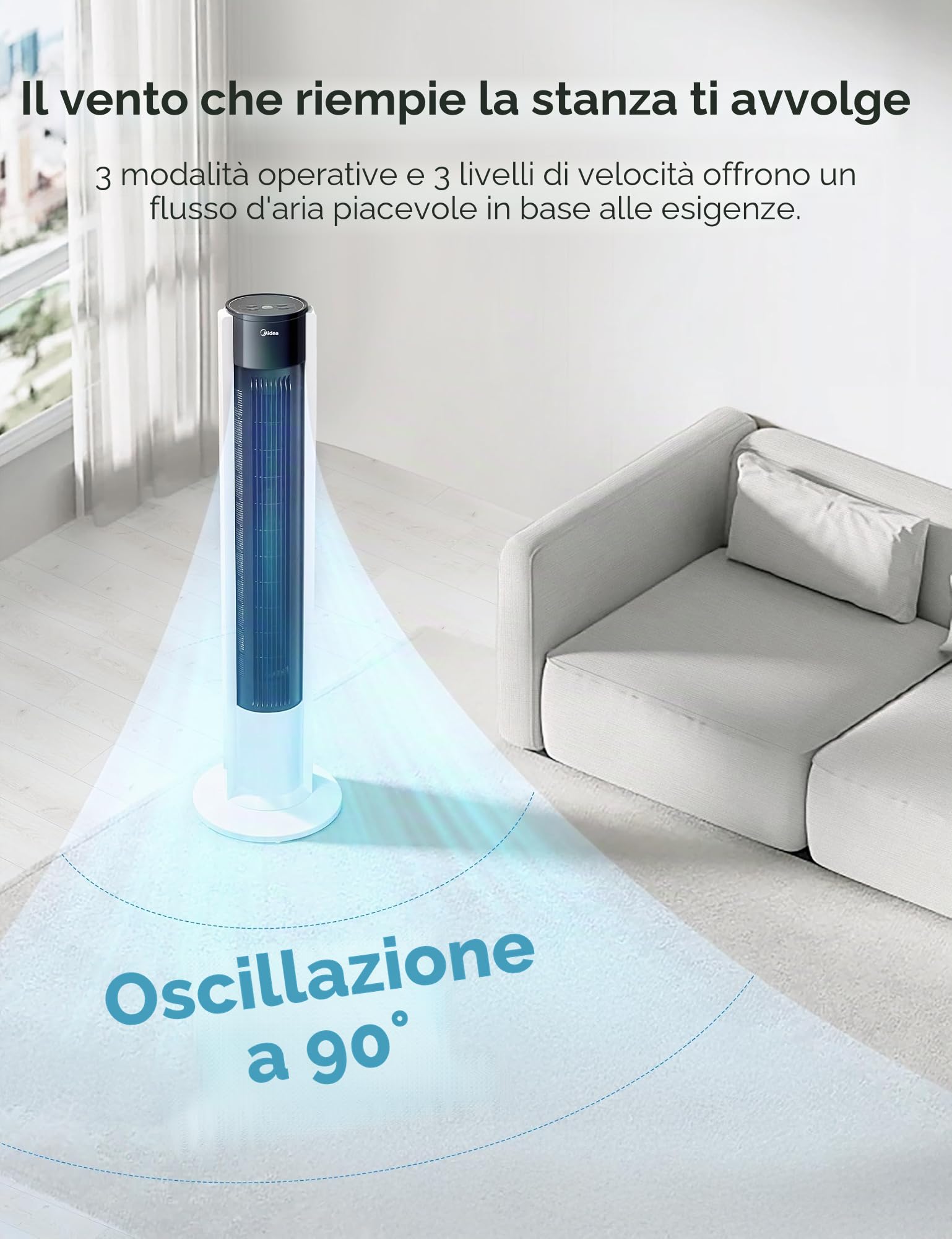 Midea Ventilatore a torre FZ10-19BRA con motore in rame robusto, flusso d'aria verso l'interno, telecomando, timer 7 ore, display touch e pannello di controllo, tre modalità e tre velocità tra cui