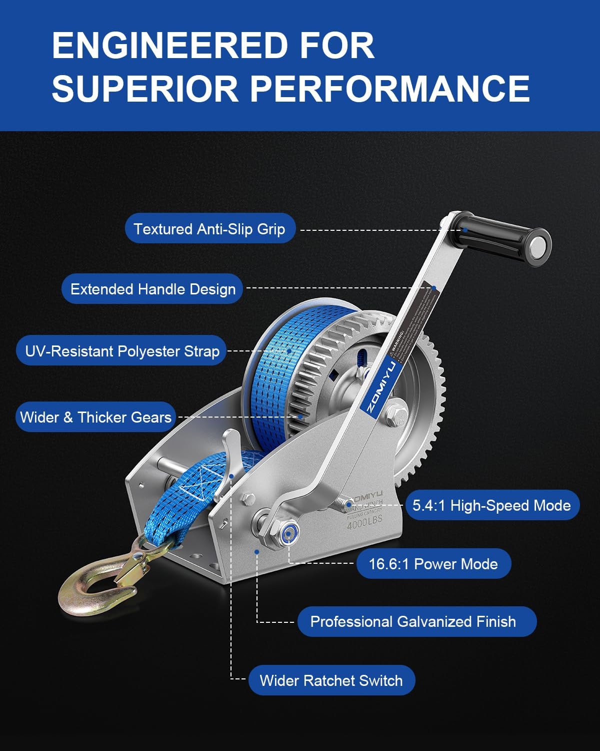 4000lb Boat Trailer Winch with Strap, 2-Way Ratchet 5.4:1/16.6:1 Gear Ratio, Enhanced Gear, Ratchet Switch and Handle, Heavy Duty Hand Winch for Boat, Trailer, ATV, Marine, Jet Ski