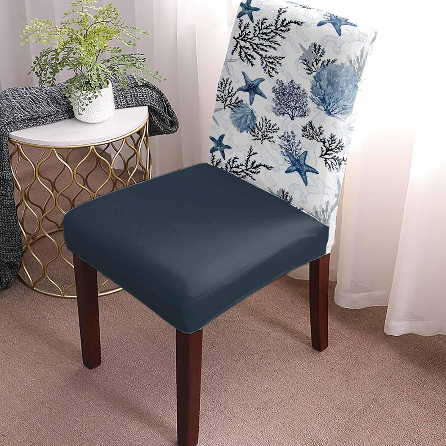 Navy Blue Starfish Coastal Dining Chair Covers Set of 4, Summer Beach Black Coral Nautical Stretch Spandex Kitchen Chair Slipcovers, Parsons Protector for Wedding Party Living Room Baby Shower