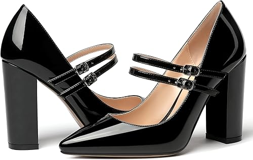 Miniatura 6 de MERRORI Vestido sólido con correa ajustable para mujer, con hebilla de patente, puntera puntiaguda, tacón alto, zapatos de 4 pulgadas