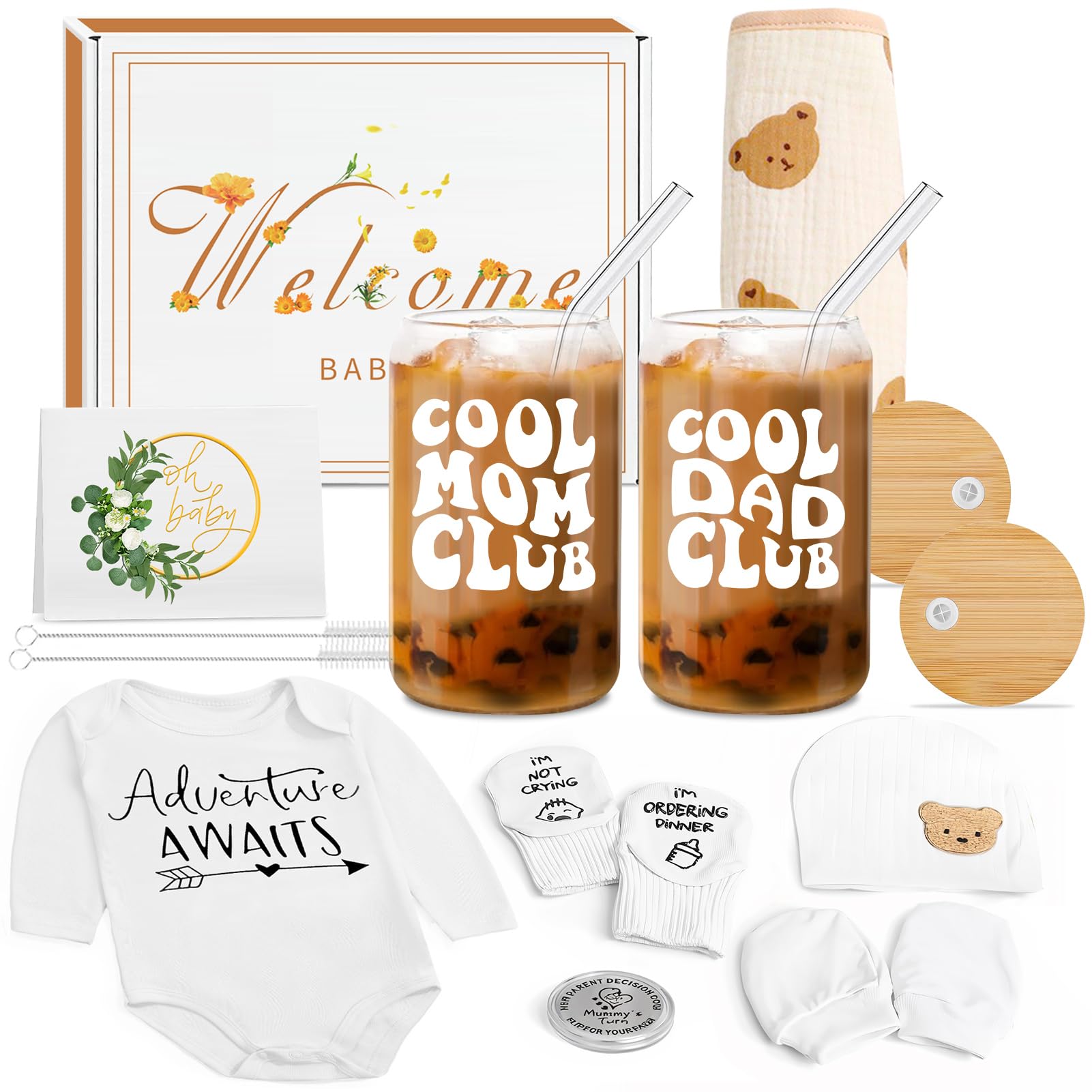 BELIVIUM Newborn Gifts Set Gender Neutral Baby Shower Gifts Gender Reveal Gifts for Parents to Be, New Mom Dad Gifts Mom Dad Coffee Glass & Baby Items