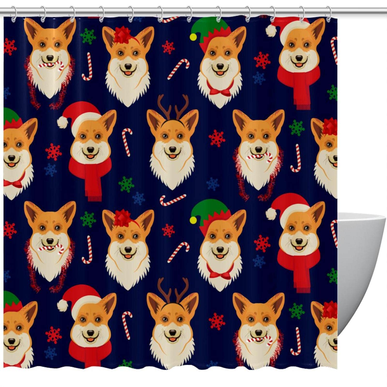 Rideau de douche grand format 183 x 183 cm lavable motif chien de Noël