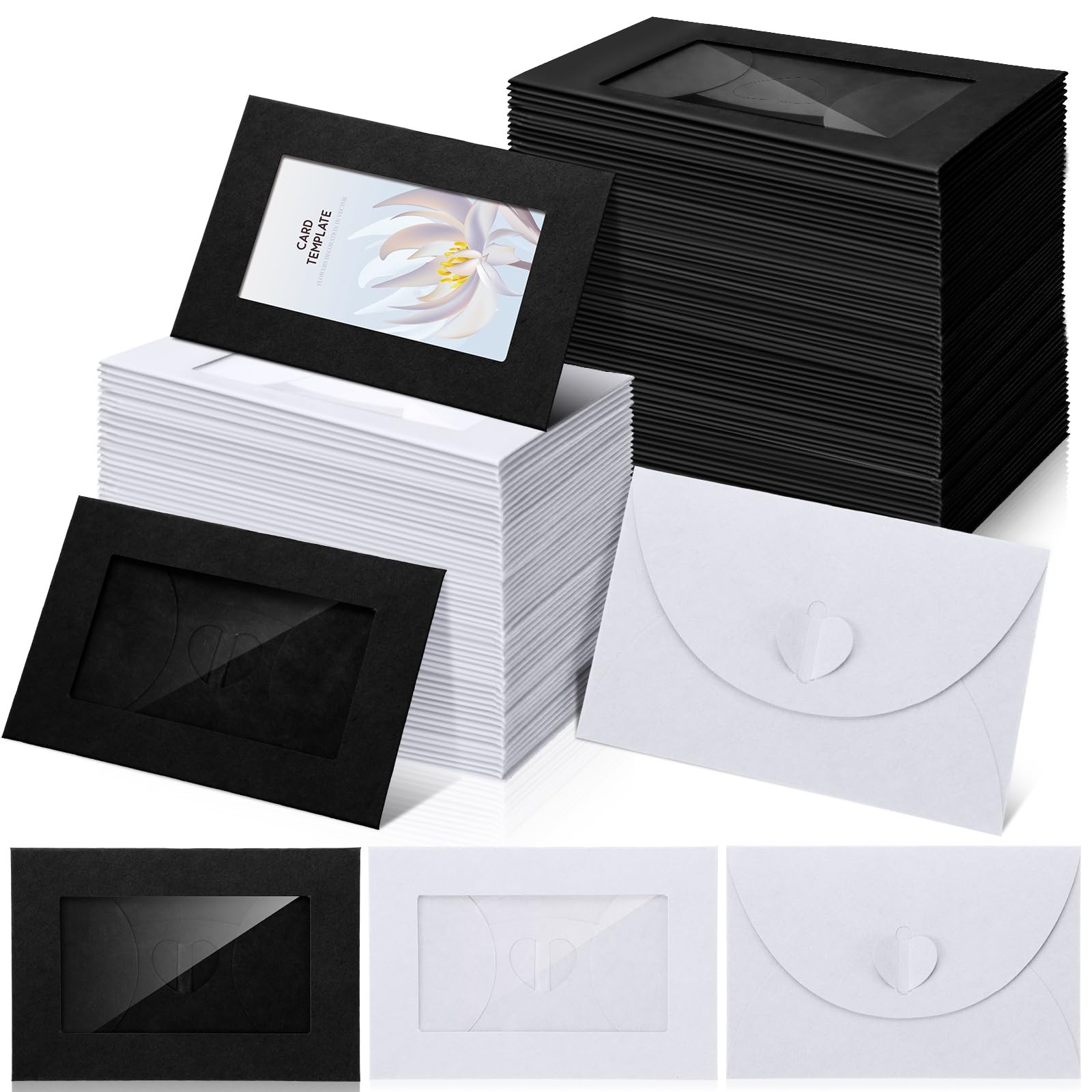 Uiifan Lot de 150 enveloppes vierges pour cartes cadeaux avec fenêtre transparente, 10,2 x 7,1 cm, mini enveloppes vierges avec fermoir en forme de cœur, pochettes pour cartes de visite, cartes clés