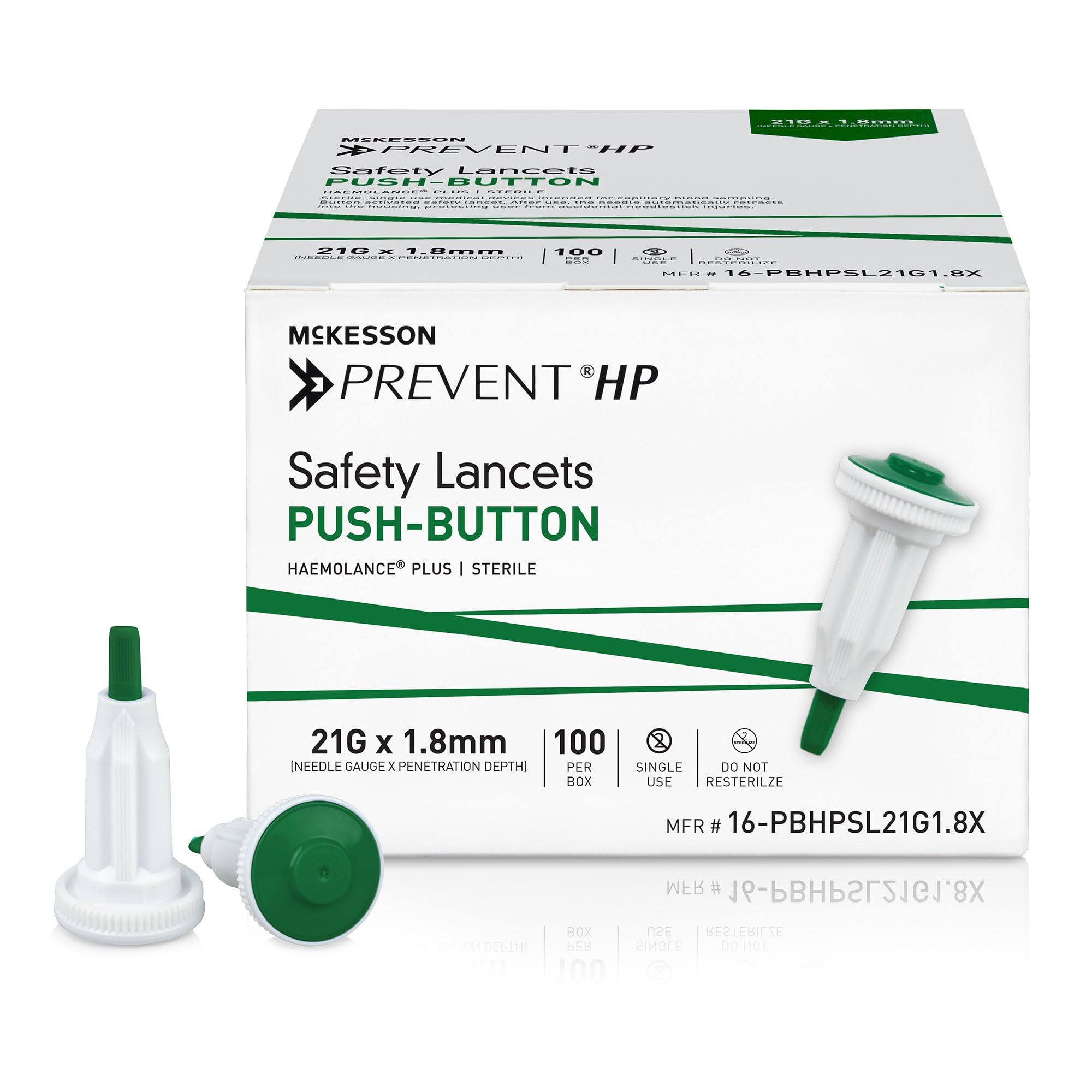 McKesson Prevent HP Sterile Push Button Safety Lancets, 21G x 1.8 mm Depth [100 Count] - Auto Retracting Blood Glucose Testing Lancets, Single Use, Green