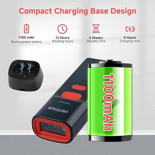 Miniatura 3 de VOTTAN Escáner de código de barras QR Bluetooth con soporte de carga, lector de código de barras de bolsillo 1D 2D PDF417 UPC, escaneo automático