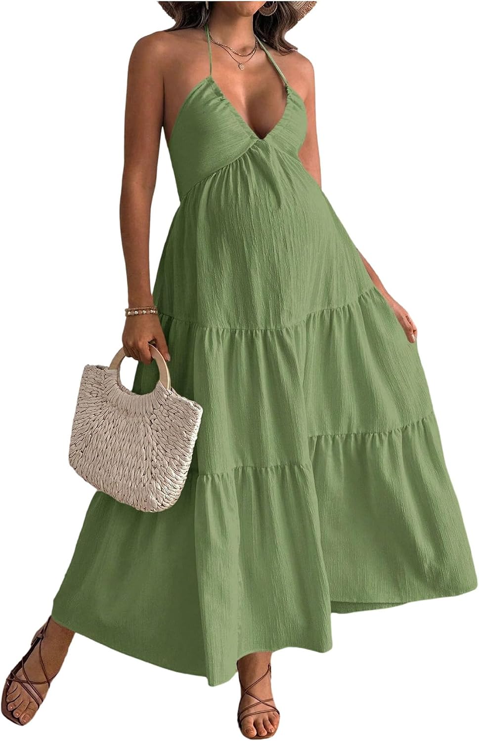 Milumia Women's Maternity Halter Maxi Dress V Neck Tie Backless Long Flowy Beach Vacation Summer Dresses