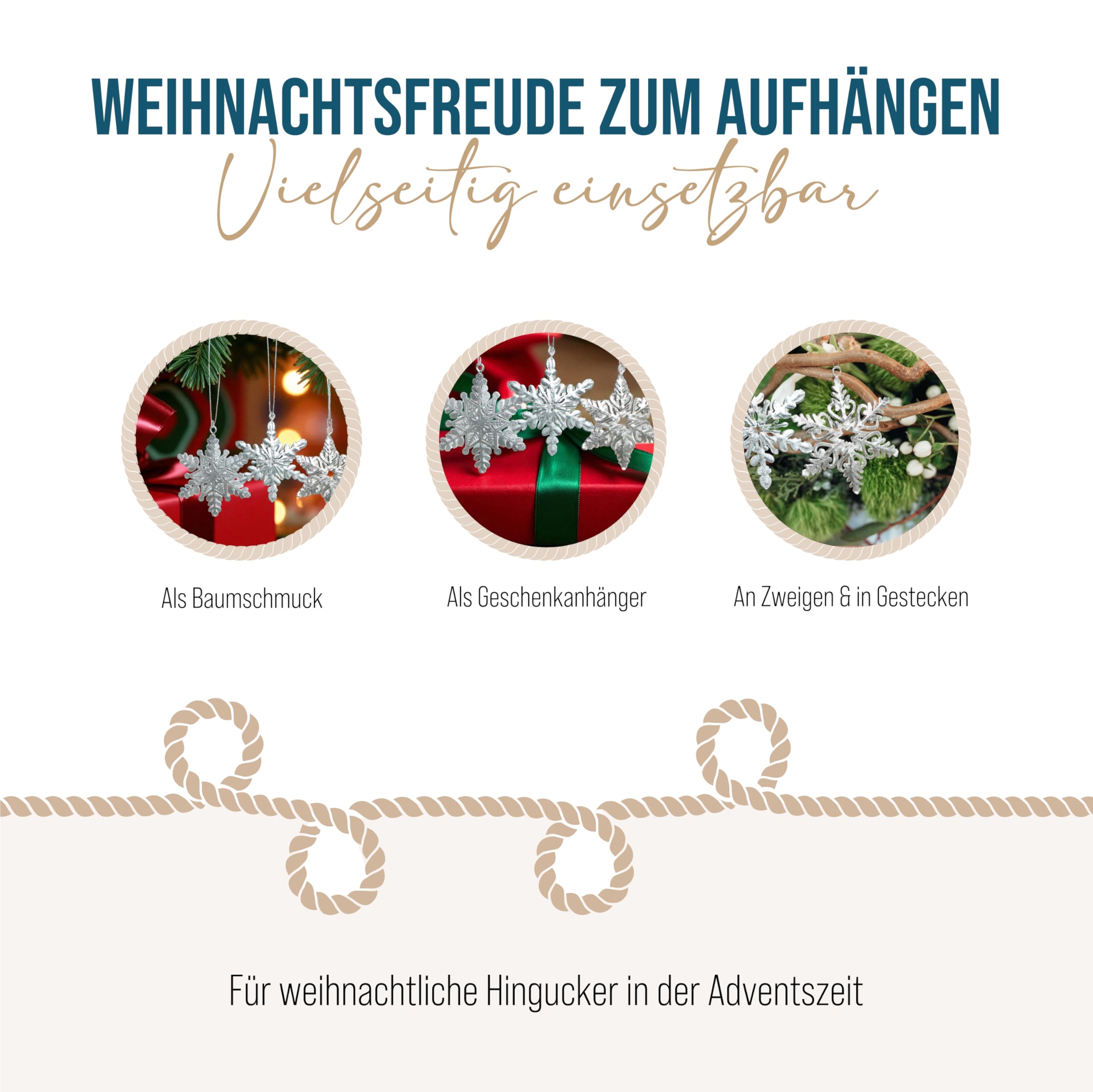 Anhänger Schneeflocken, 6 Stück: Weihnachtsanhänger Metall, Weihnachten Metallanhänger Geschenk, Weihnachtsbaum & Zweige, Weihnachtliche Deko, Baumschmuck Klein, Silber, 8 cm