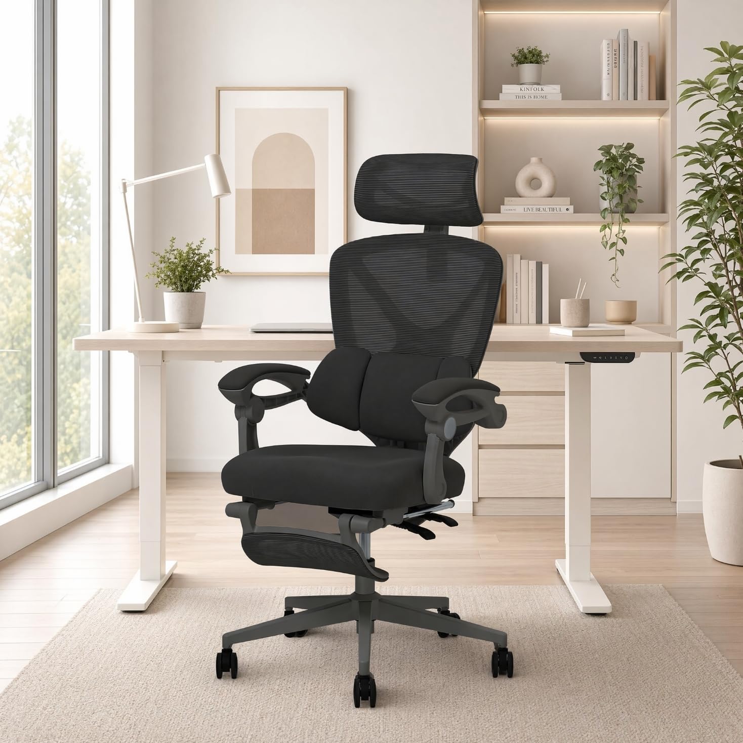 FLEXISPOT Ergonomic Office Chair with Syncro Tilt Adaptive Armrests, 3-Zone Lumbar Support, 3D Headrest, X-Shaped Backrest and Retractable Footrest for Home Office — image 1