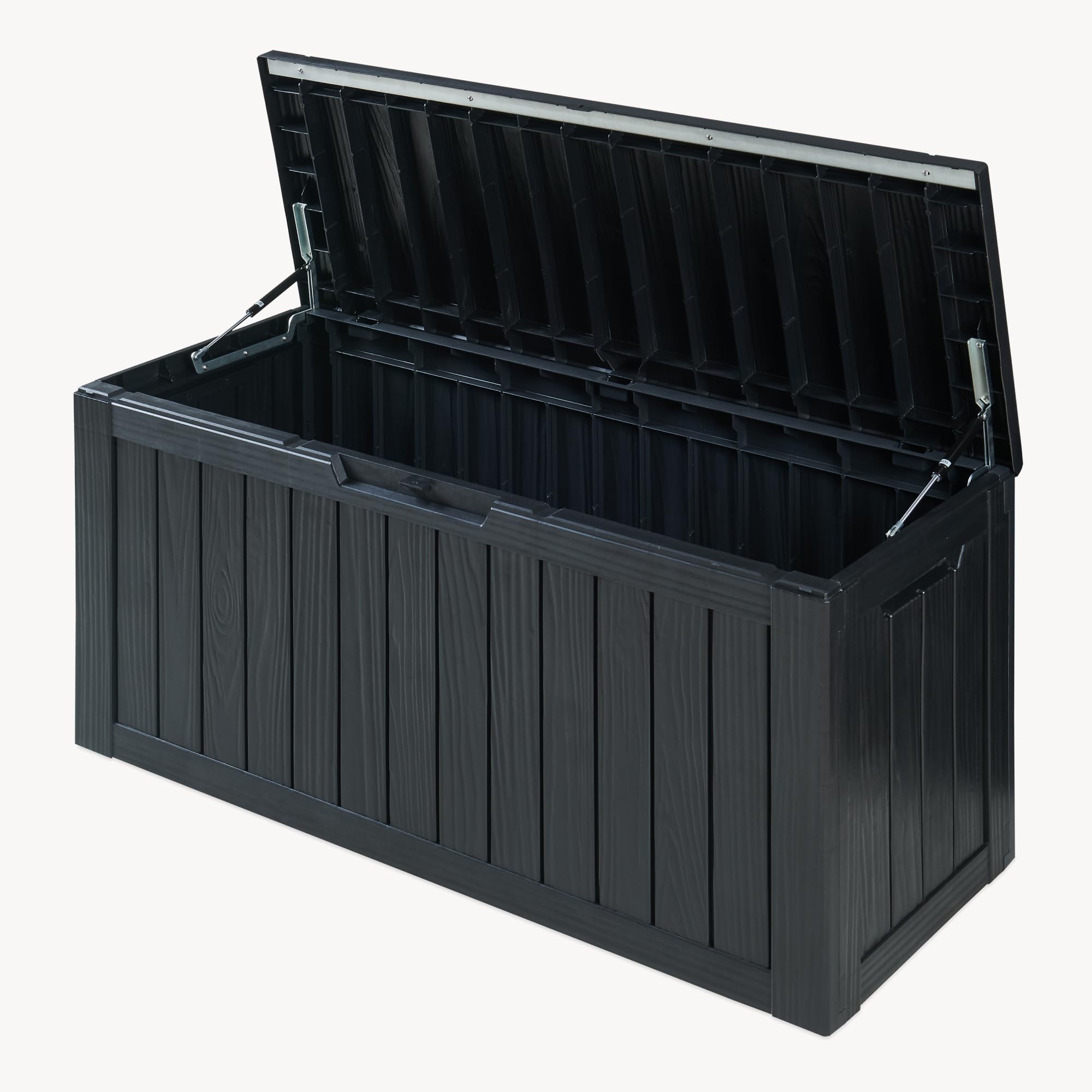 casa.pro Vades skrzynka ogrodowa z pokrywką, 117 x 47 x 59 cm, odporna na warunki atmosferyczne, 300 l, zamykana, na poduszkę, do użytku na zewnątrz, kolor czarny, wygląd drewna