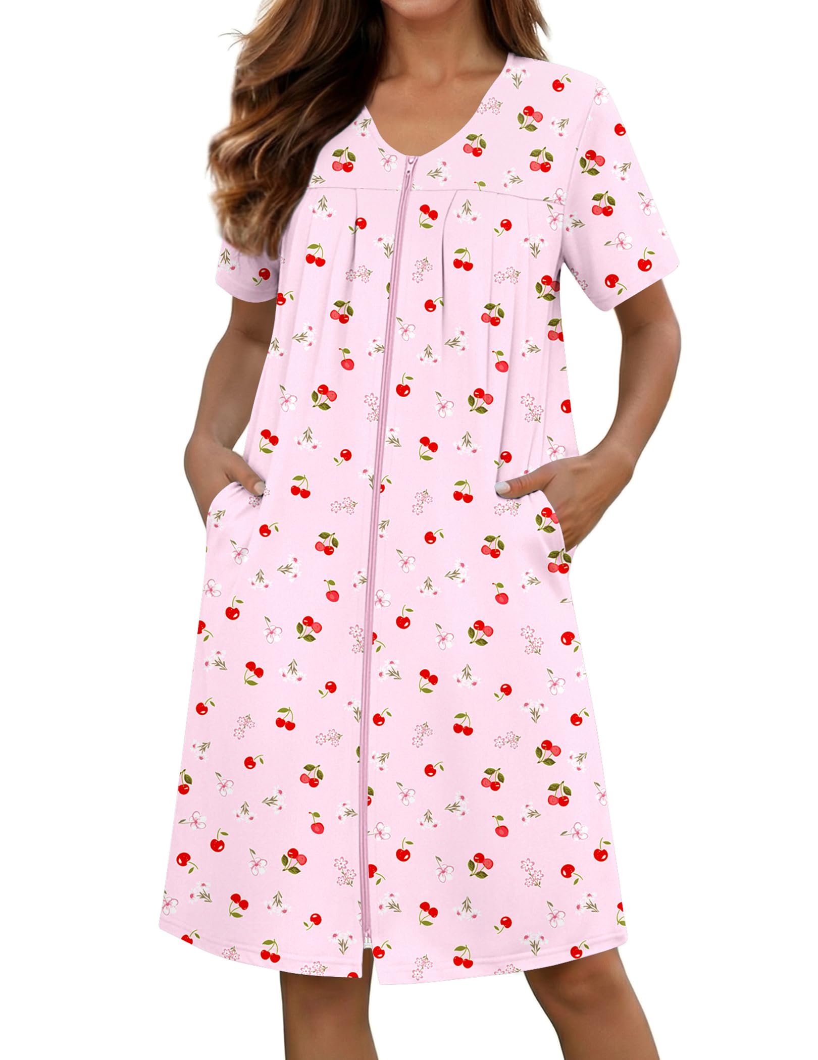 Ekouaer Zipper Robes for Women Short Knit Bathrobes Lightweight Knee Length Housecoat with Pockets Nightgown S-3XL
